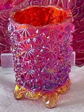 Vintage Ruby Red Carnival Glass Toothpick Holder Daisy & Button Footed